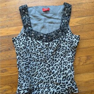 Sleeveless Leopard Print Y2K Embellished Neckline Top - Black & Gray